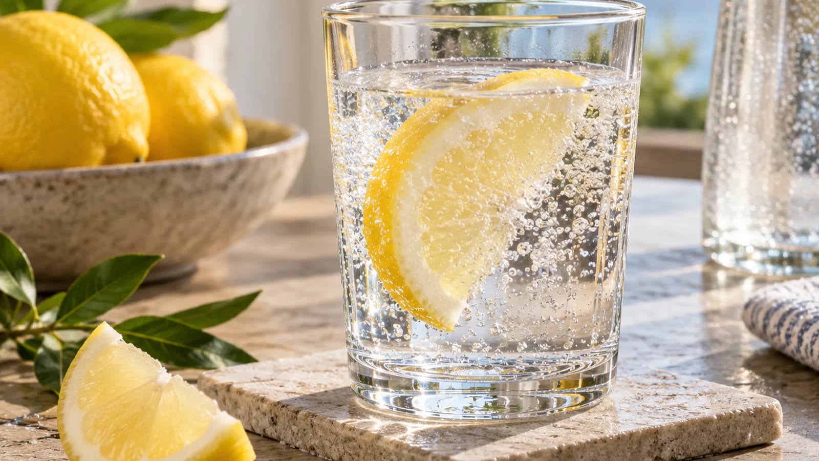 Verre d’eau gazeuse nature avec bulles, bouteille en verre et rondelles de citron sur une table éclairée par la lumière naturelle, sans texte ni logo
