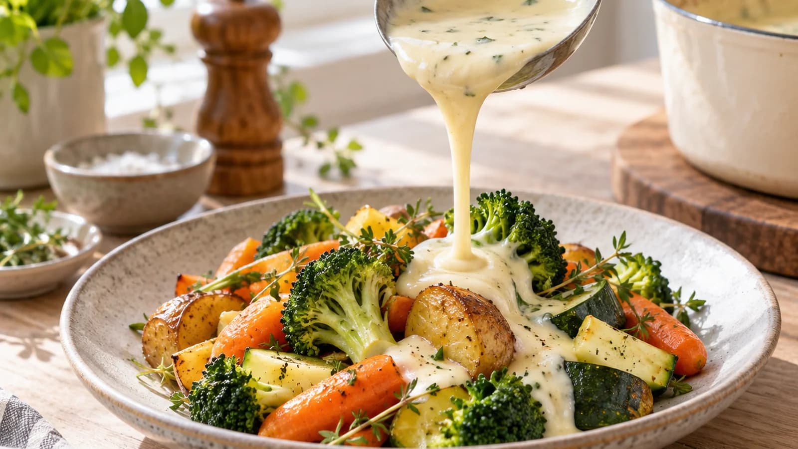 Velouté de légumes servi dans un bol en céramique, avec une cuillère en bois, lumière naturelle, sans texte ni logo