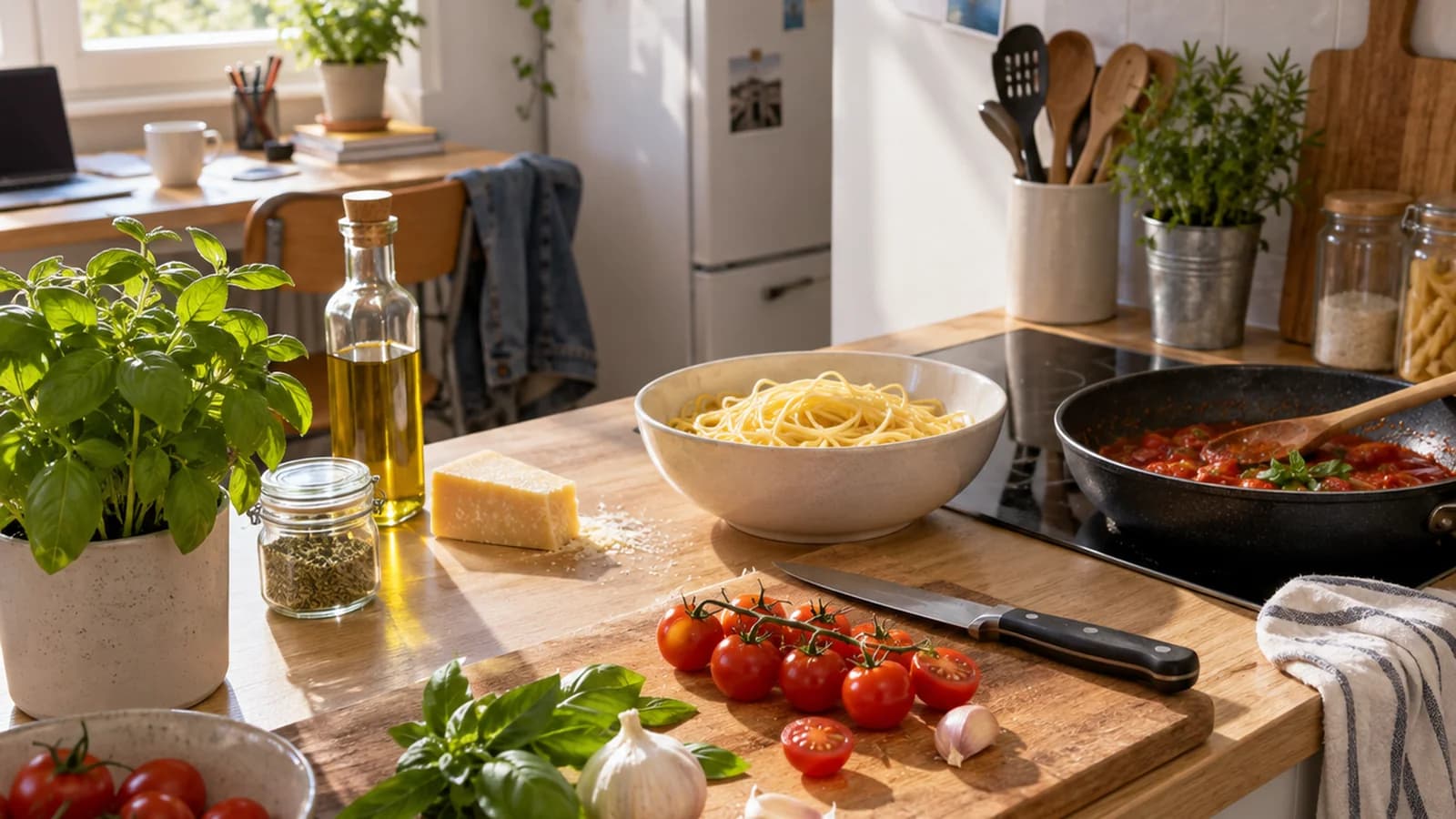 Table étudiante avec un bol de riz aux légumes, des œufs, des fruits et des boîtes repas, lumière naturelle, sans texte ni logo