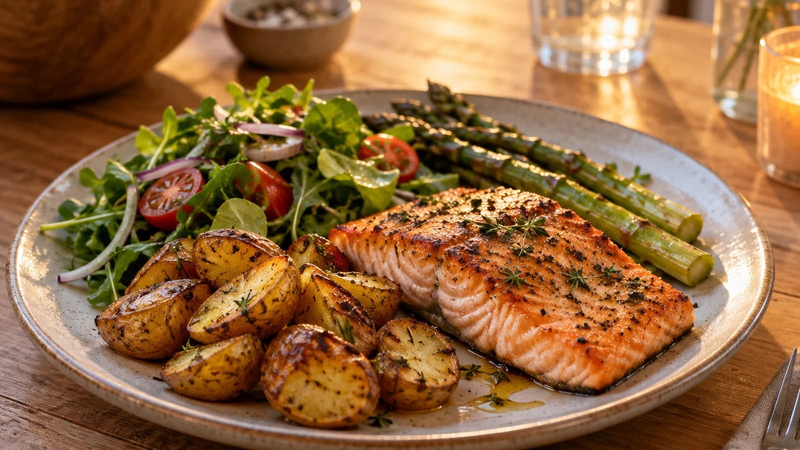 Assiette complète avec légumes, riz, poulet et yaourt posée sur une table en bois à la lumière naturelle, sans texte ni logo