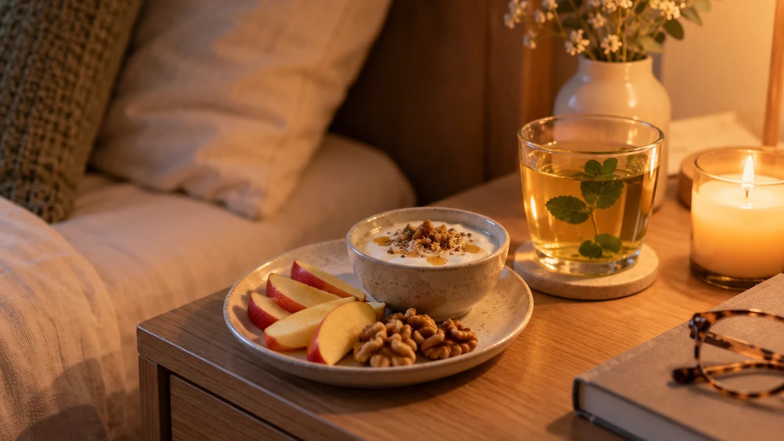 Bol de yaourt nature avec banane, noix et tartine complète posé sur une table, lumière naturelle, sans texte ni logo