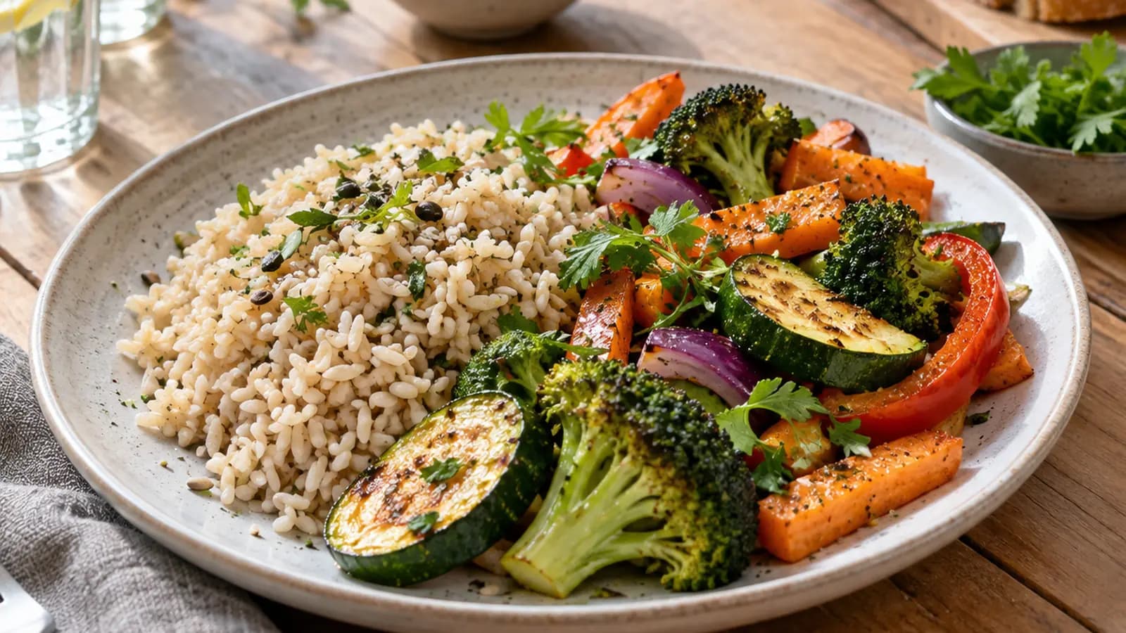 Assiette de pâtes complètes avec légumes rôtis et œuf, sur une table claire en lumière naturelle, sans texte ni logo