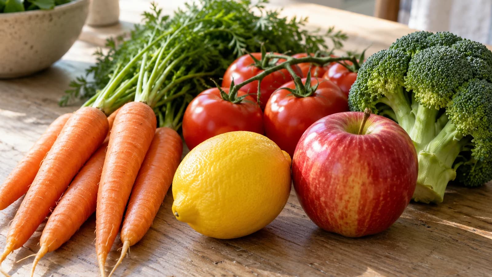 Assiette de légumes rôtis, bol de carottes râpées et fruits sur une table en lumière naturelle, sans texte ni logo