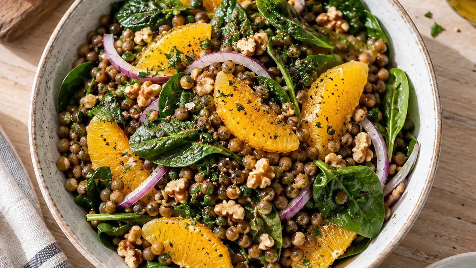 Salade de lentilles avec tomates, poivrons, persil et quartiers de citron, photographiée en lumière naturelle sans texte ni logo
