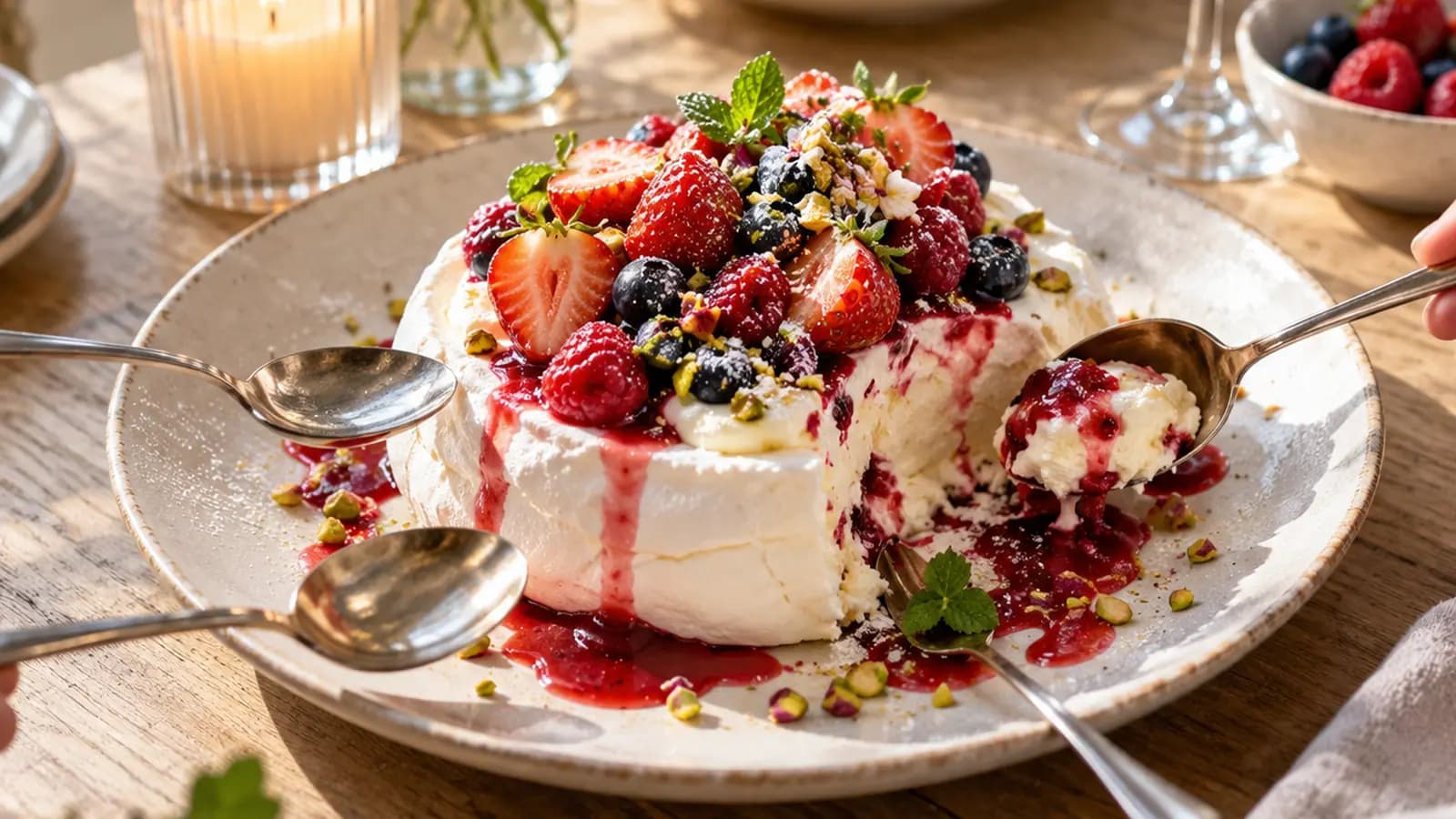 Table de restaurant avec assiettes colorées, dessert à partager et verres, lumière naturelle, sans texte ni logo