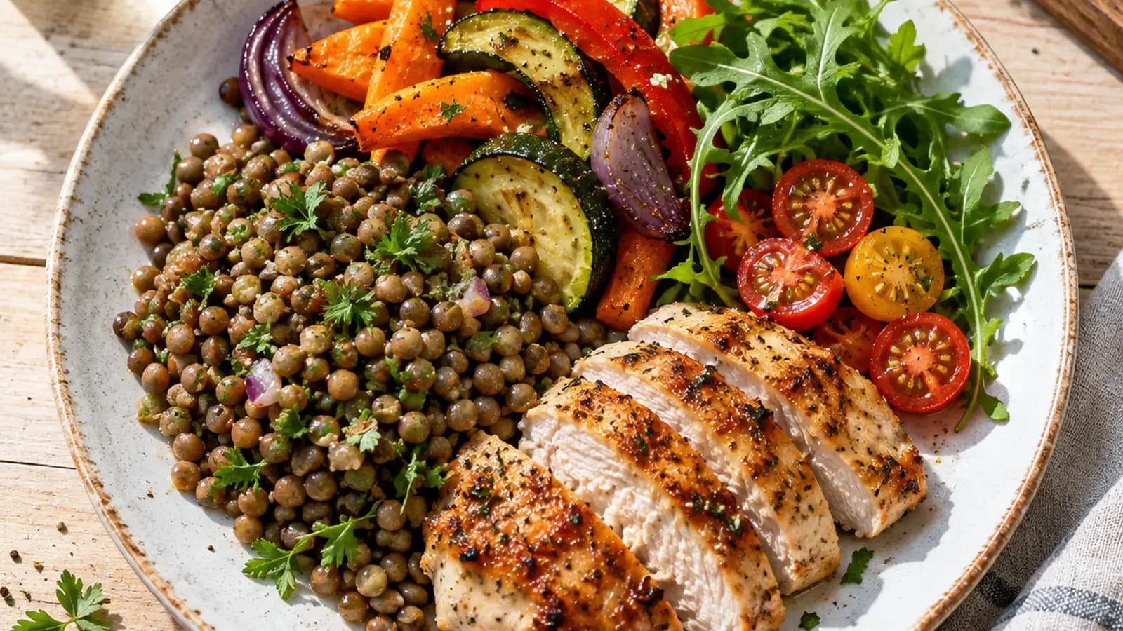 Assiette flexitarienne colorée avec lentilles, légumes rôtis, céréales et herbes fraîches à la lumière naturelle