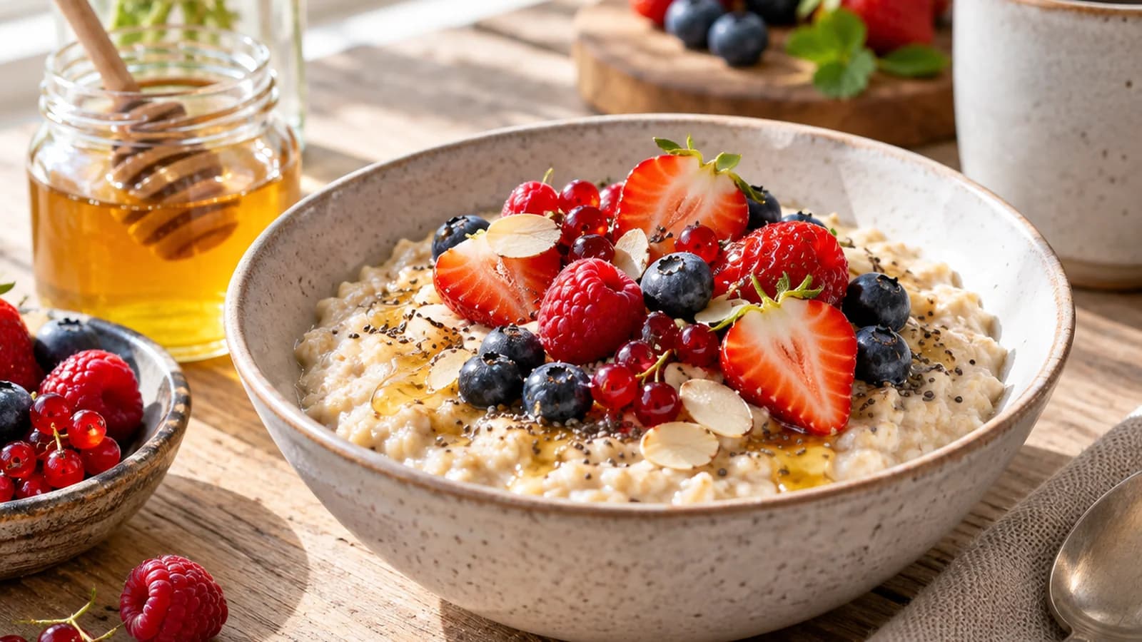Bol de porridge aux flocons d’avoine, fruits rouges et noix sur une table claire, en lumière naturelle, sans texte ni logo