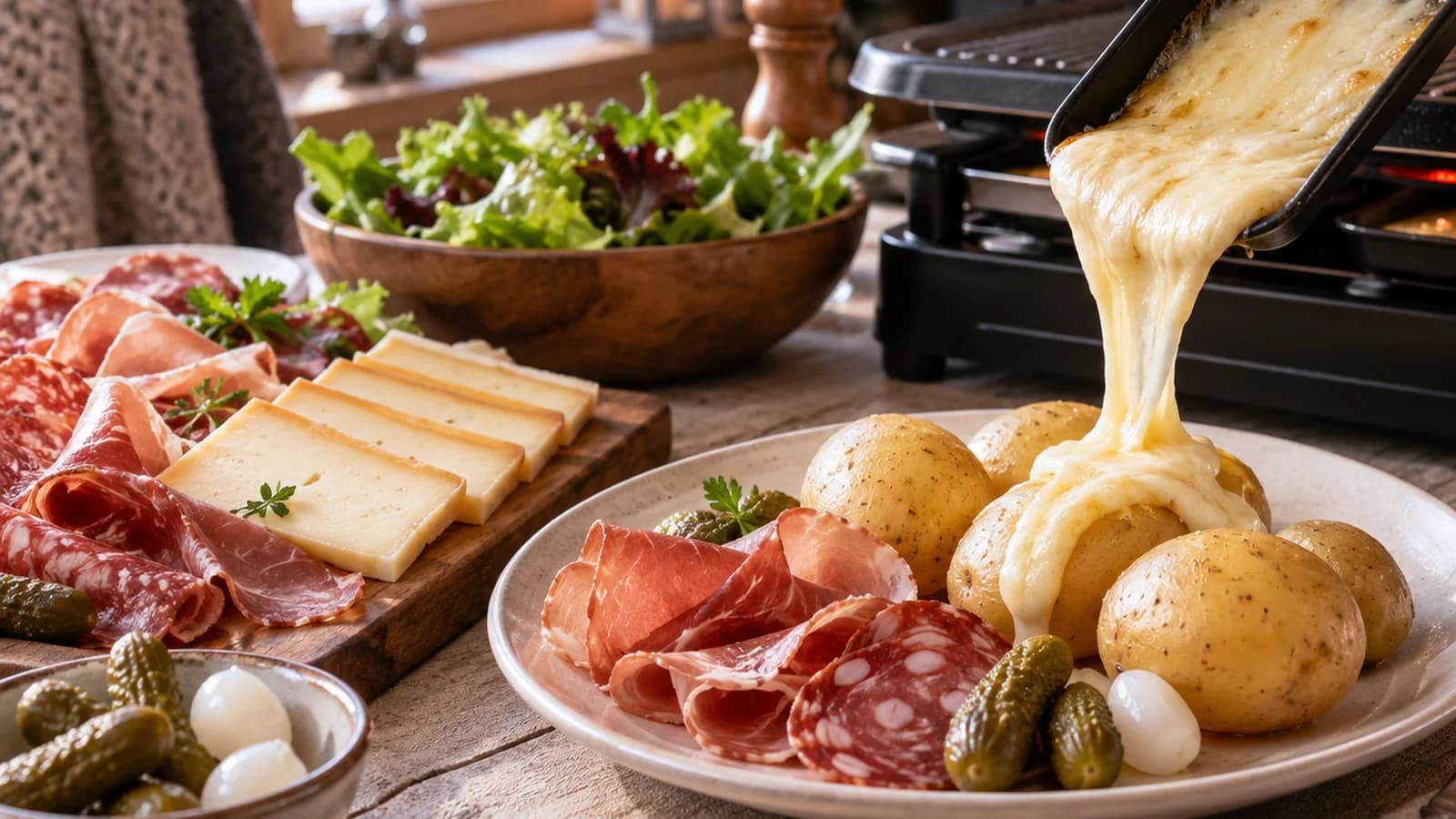 Table de restaurant avec une raclette généreuse, pommes de terre, salade et pain, éclairée par une lumière naturelle, sans texte ni logo