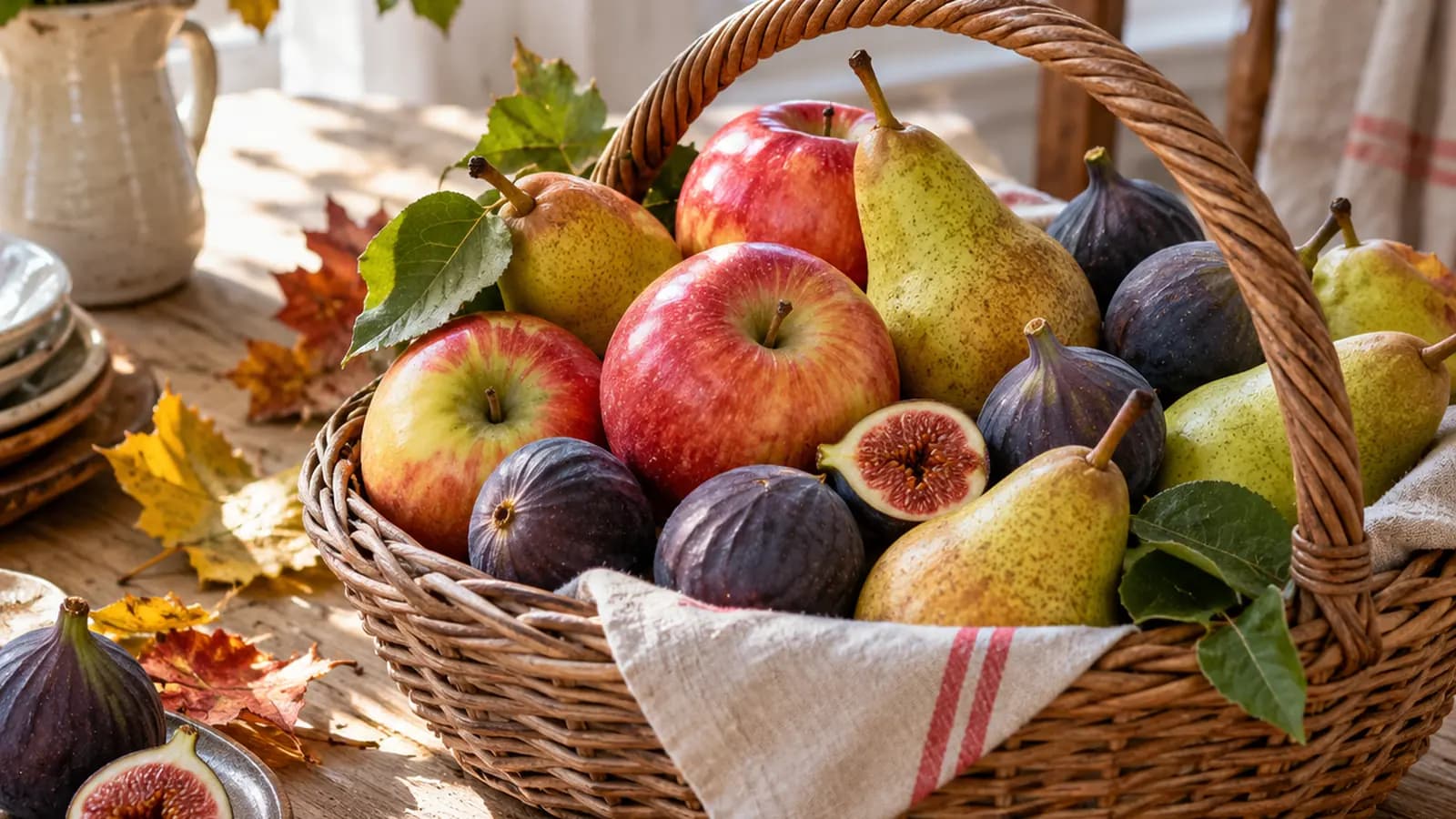 Salade automnale de poire, raisin, figue et noix servie dans une assiette, lumière naturelle, sans texte ni logo