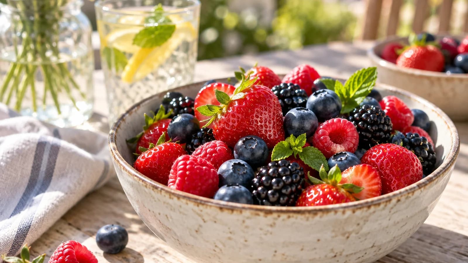 Bol de pêches, framboises, abricots et melon découpés avec menthe fraîche, sur une table en lumière naturelle, sans texte ni logo