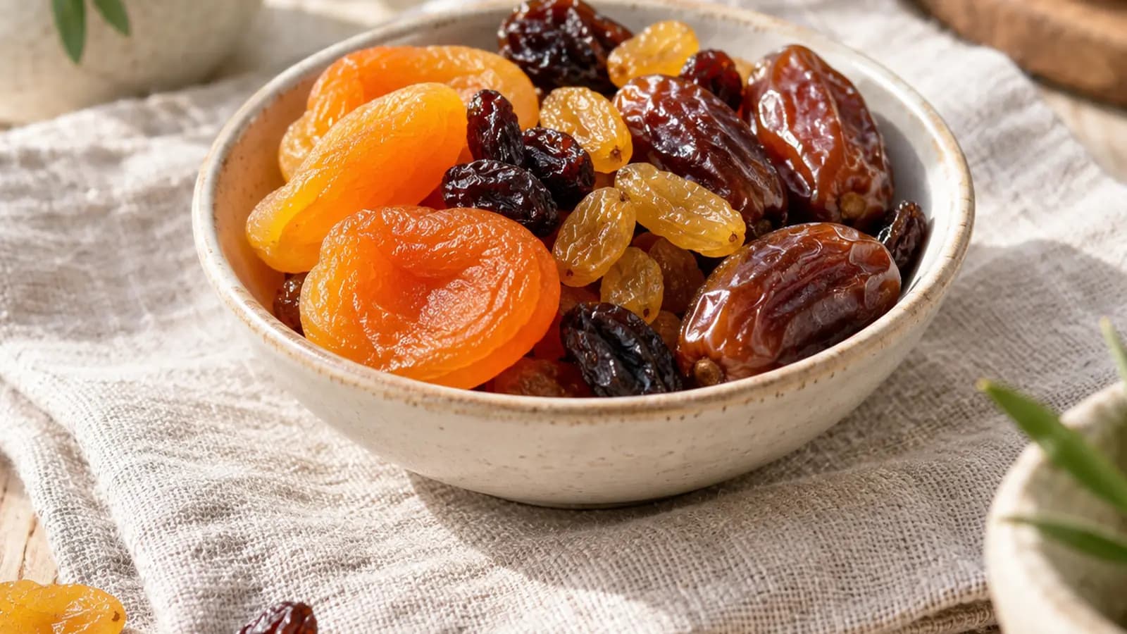 Bol d’abricots secs, raisins secs et dattes avec quelques amandes sur une table en bois, lumière naturelle, sans texte ni logo