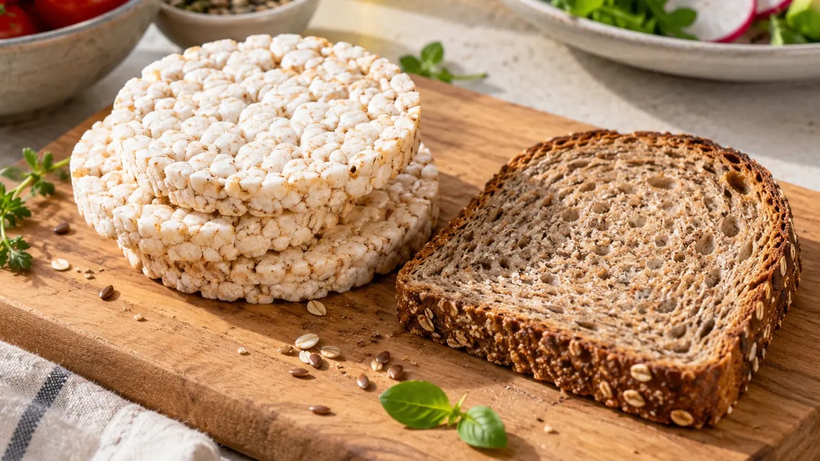 Assiette avec une tranche de pain complet, une pomme, un yaourt nature et quelques galettes de riz sur une table éclairée par la lumière naturelle