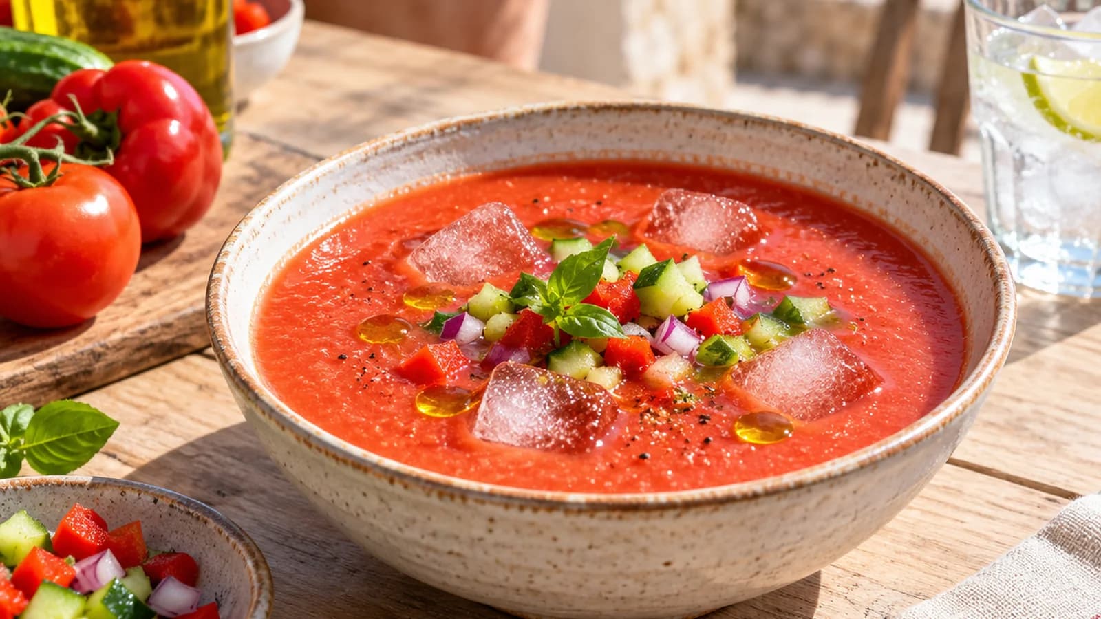 Bol de gaspacho rouge aux légumes crus, garni de concombre et d’herbes fraîches, sur une table en lumière naturelle
