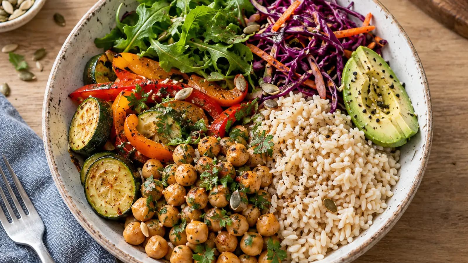 Assiette de pâtes semi-complètes avec légumes rôtis, pois chiches et herbes fraîches, photographiée en lumière naturelle sans texte ni logo