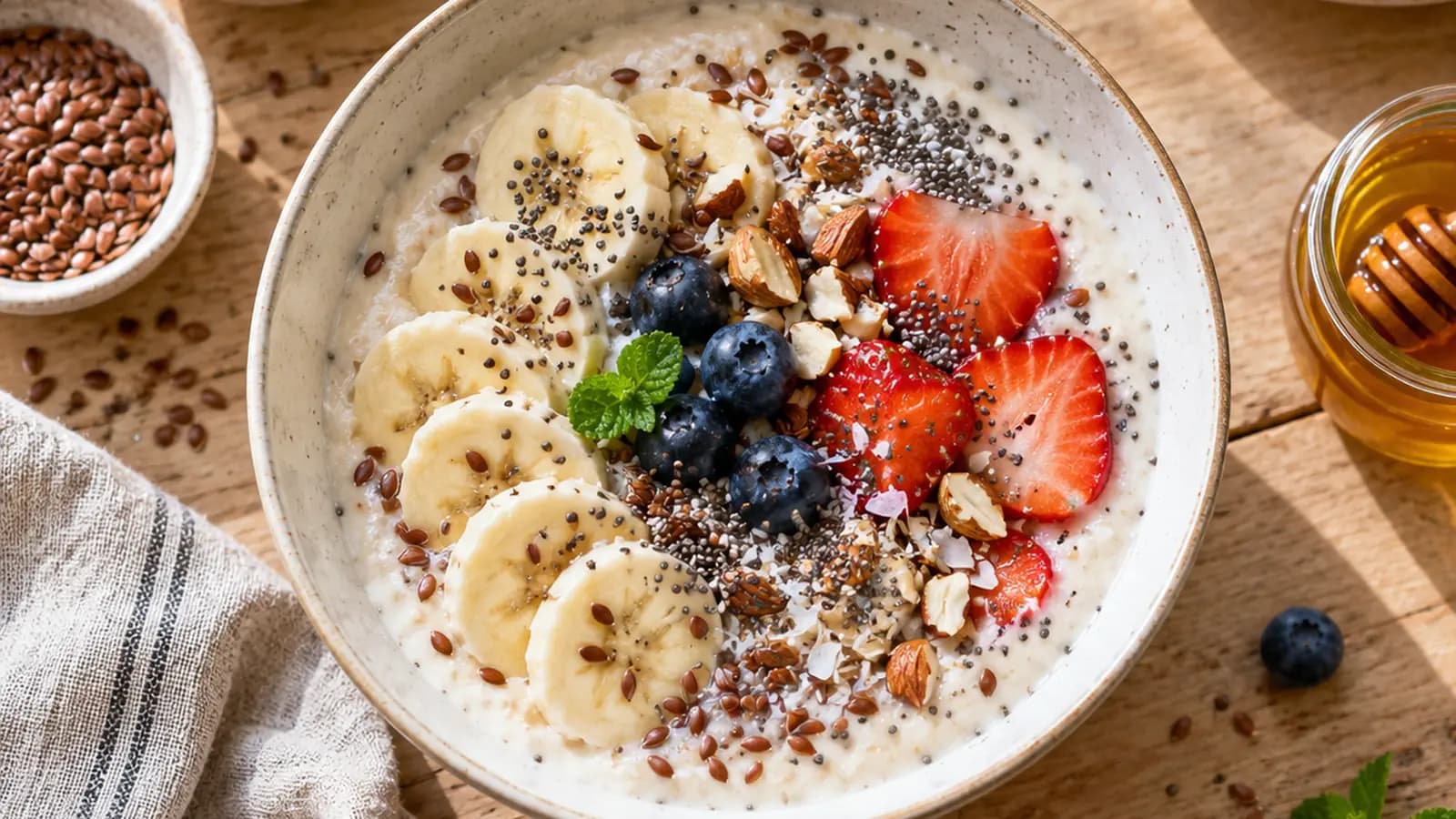 Bol de yaourt nature avec graines de chia et de lin moulues, fruits frais et flocons d’avoine sur une table éclairée par la lumière naturelle