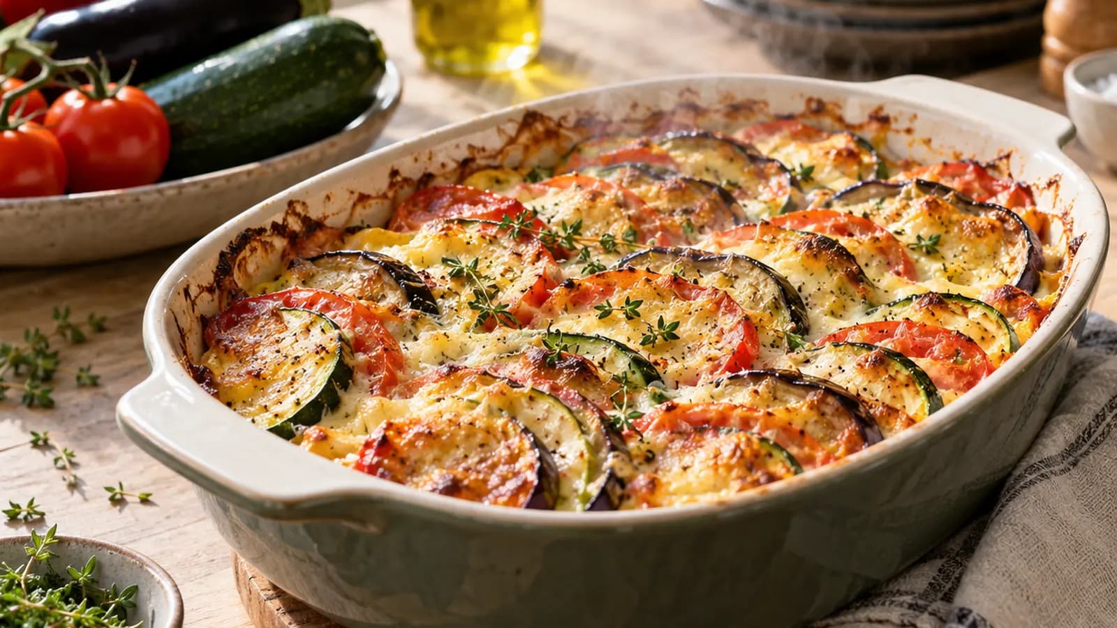 Gratin de légumes fondant dans un plat en céramique, croûte dorée, lumière naturelle, sans texte, sans logo, sans visage en gros plan