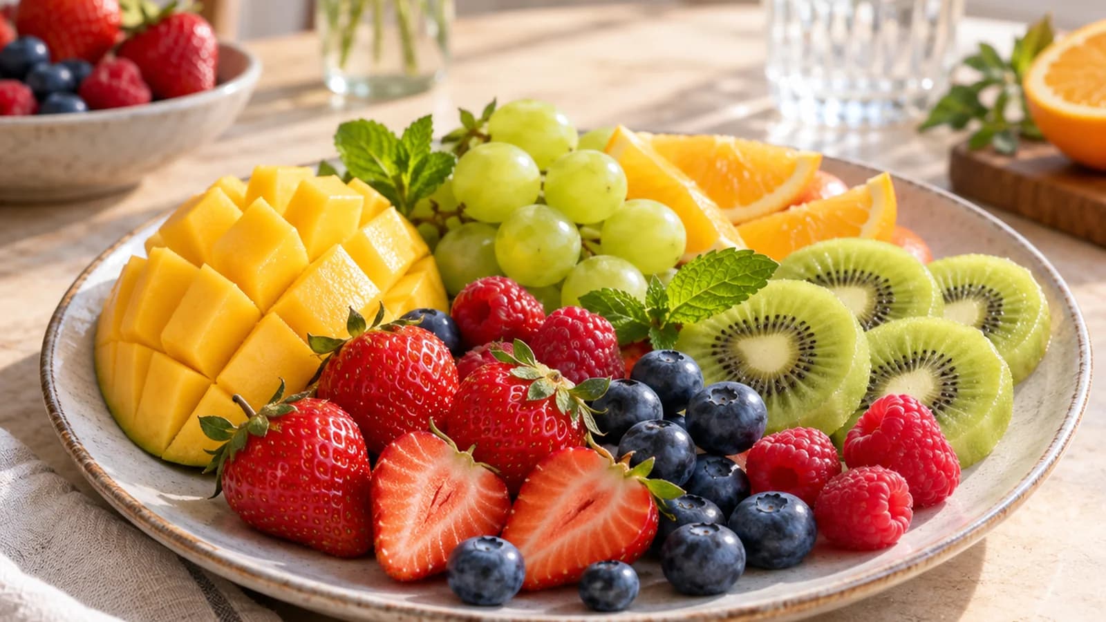 Bol de yaourt pasteurisé avec fruits frais et noix sur une table en lumière naturelle, sans texte, sans logo, sans visage