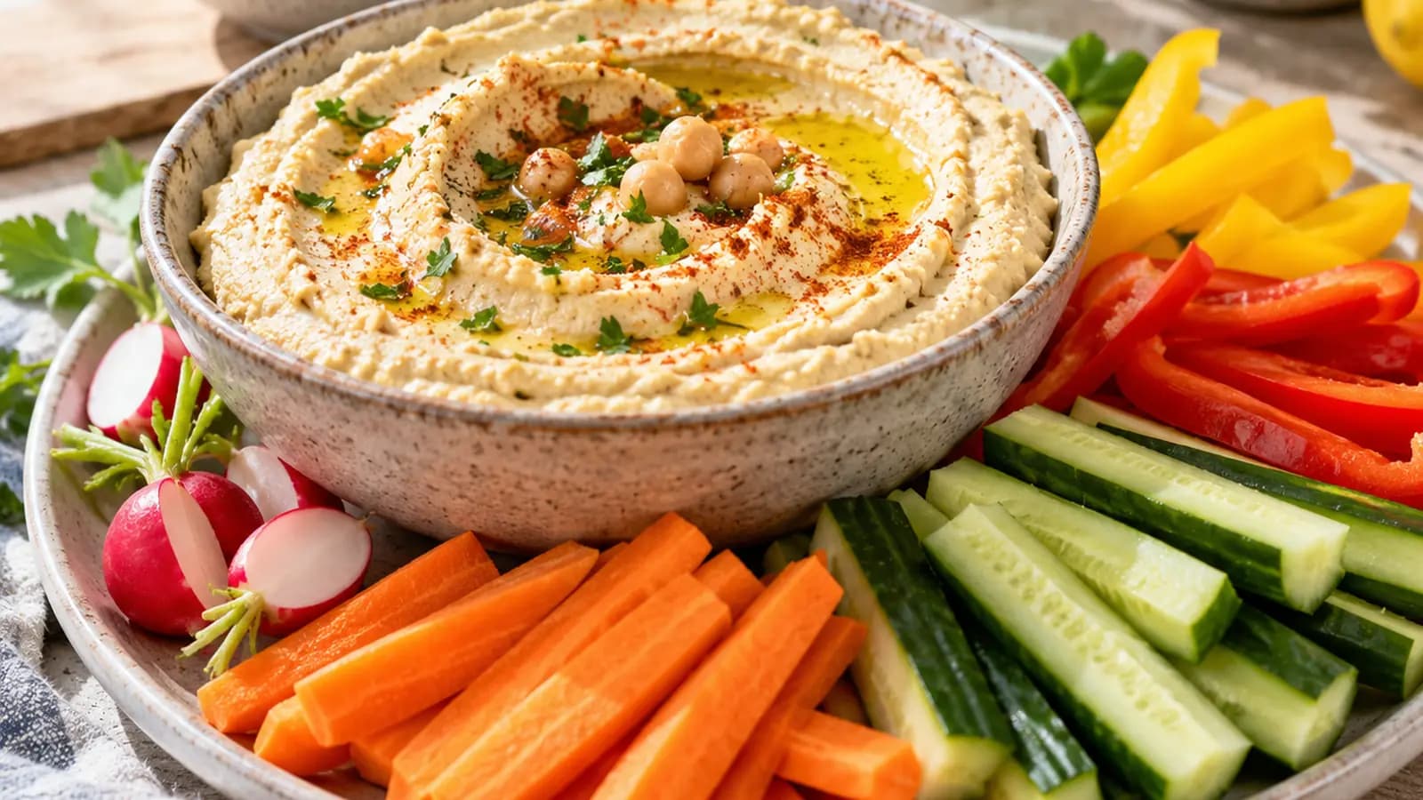 Bol de houmous maison entouré de crudités et de pain complet, sur une table éclairée par la lumière naturelle, sans texte ni logo