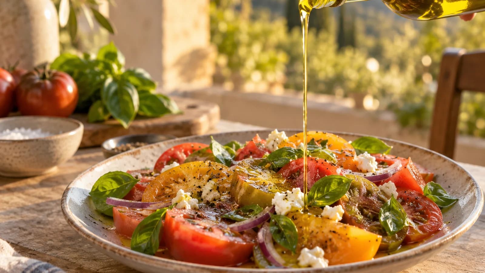 Salade de légumes colorés assaisonnée d’un filet d’huile d’olive dans une cuisine éclairée par la lumière naturelle, sans texte ni logo
