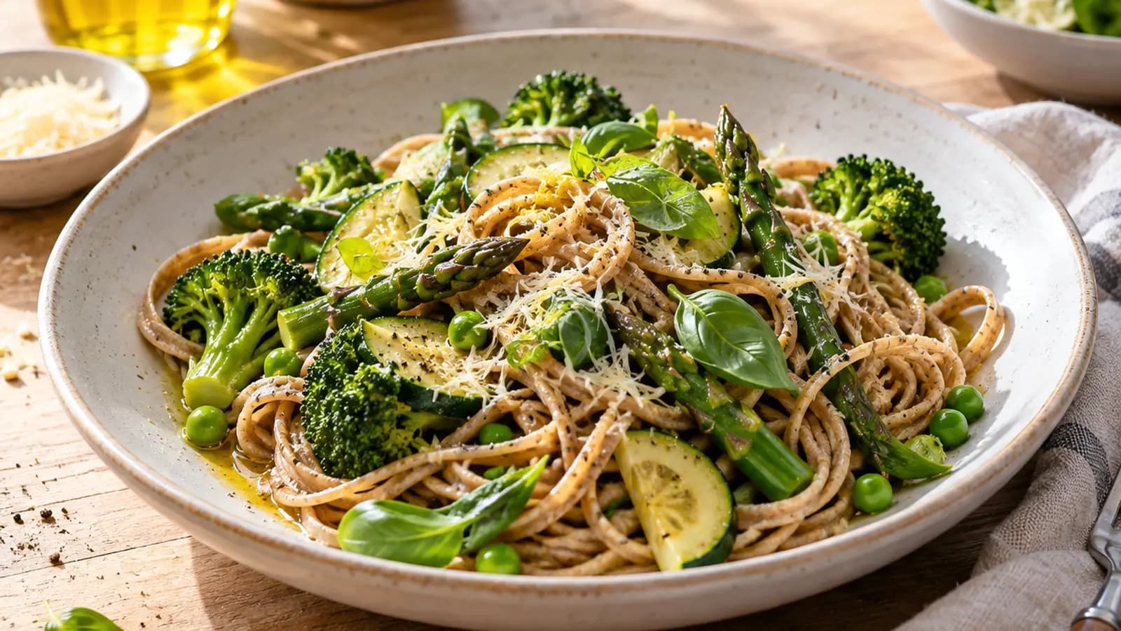 Assiette de pâtes al dente avec légumes rôtis et pois chiches, photographiée en lumière naturelle sur une table claire