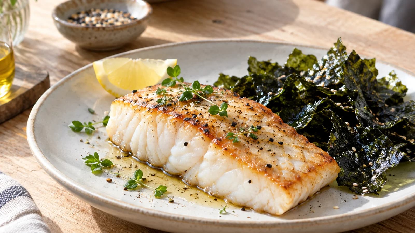 Filet de poisson, pommes de terre et légumes sur une table en lumière naturelle, sans texte ni logo.