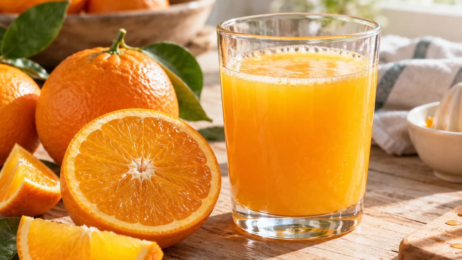 Verre de jus d’agrumes maison posé près d’une orange entière et de quartiers de fruits, lumière naturelle, sans texte ni logo