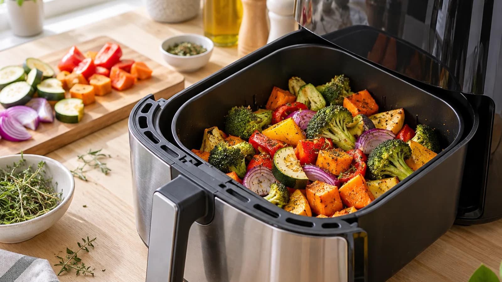 Panier d'air fryer contenant des quartiers de pommes de terre dorés et des légumes rôtis sur une table éclairée par la lumière naturelle, sans texte ni logo