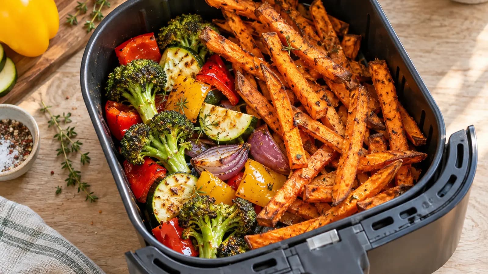 Panier d’airfryer garni de pommes de terre dorées, légumes rôtis et morceaux de poulet, lumière naturelle, sans texte ni logo