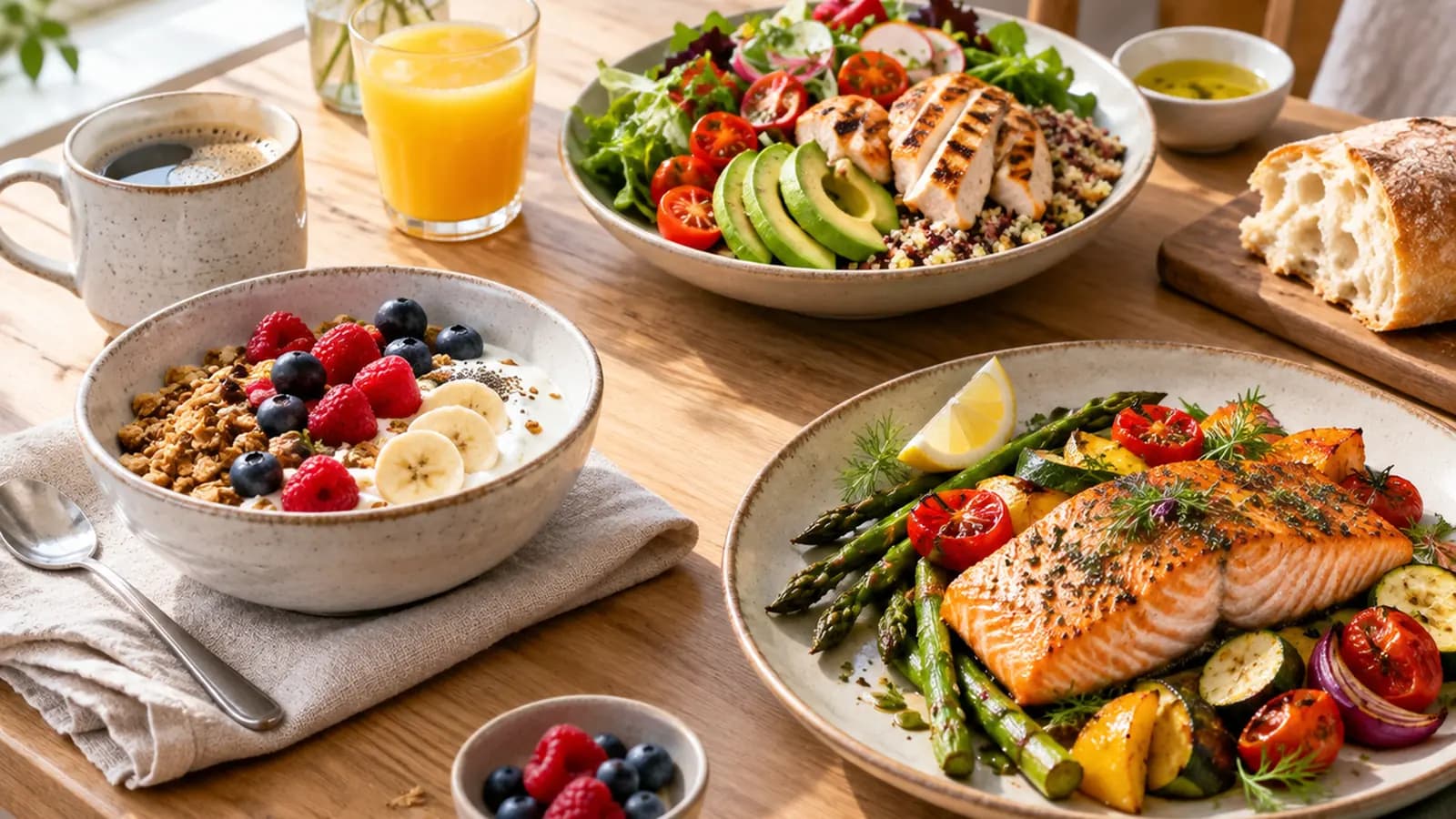 Table de repas avec légumes, lentilles, pain complet et yaourt, en lumière naturelle, sans texte ni logo.