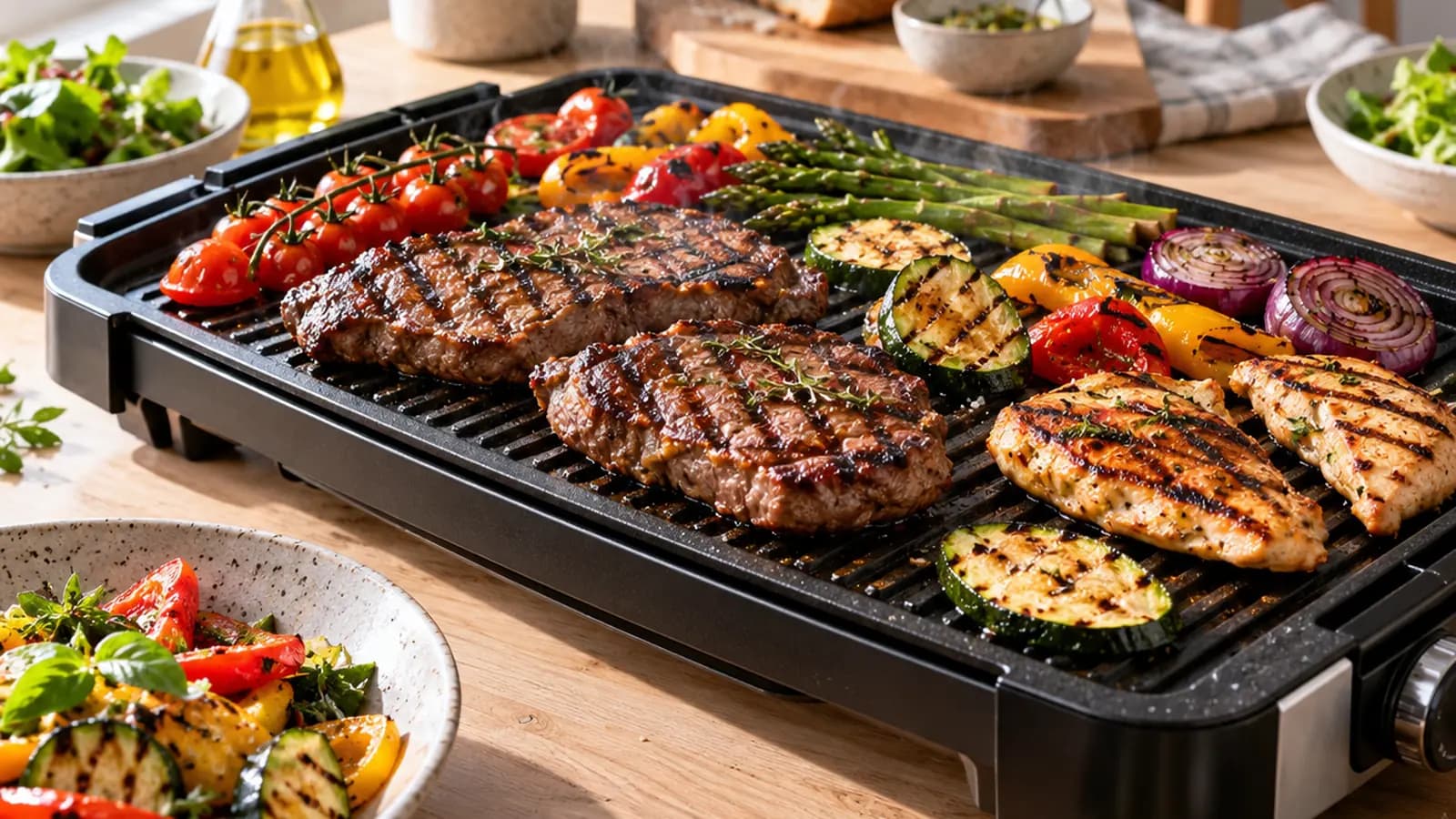 Plancha d’intérieur avec légumes grillés, filet de poisson et herbes fraîches sur une table éclairée par la lumière naturelle