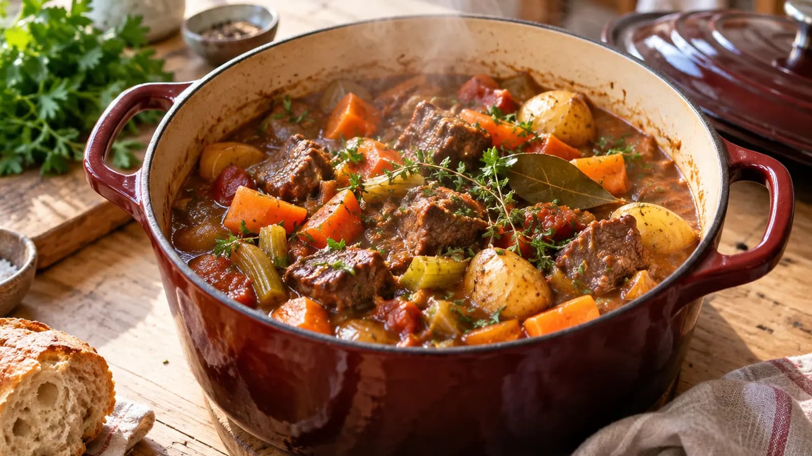 Cocotte de ragoût aux légumes racines et herbes fraîches sur une table en bois, lumière naturelle, sans texte ni logo