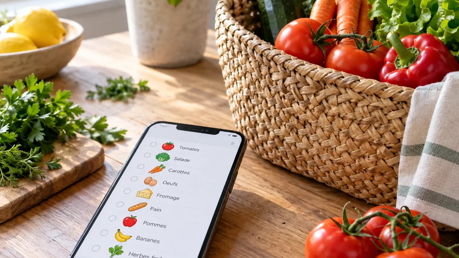Main tenant un téléphone affichant une liste de courses près de légumes, céréales et produits frais sur une table en lumière naturelle, sans texte ni logo