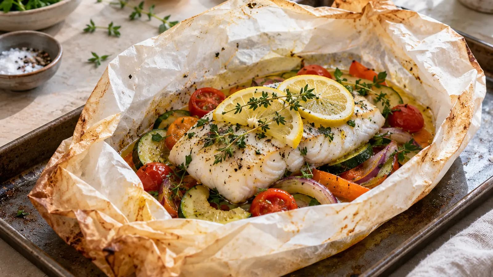 Papillote de poisson aux légumes et herbes fraîches sur une plaque, lumière naturelle, sans texte ni logo
