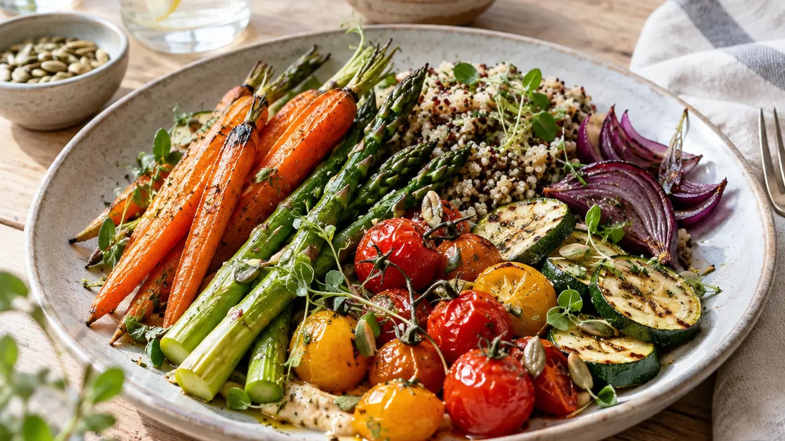 Riz, carottes rôties, lentilles et herbes dans une assiette en céramique, lumière naturelle, sans texte ni logo