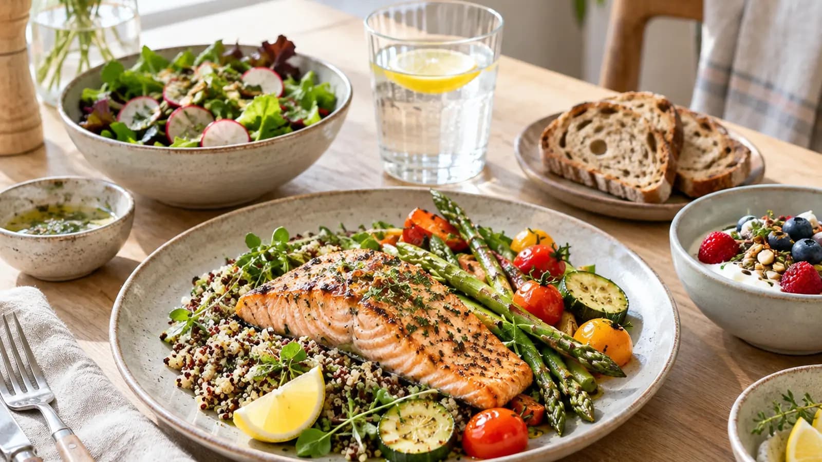 Table de cuisine éclairée par la lumière naturelle avec une assiette équilibrée, des légumes, du pain, un fruit et une gourde, sans texte ni logo