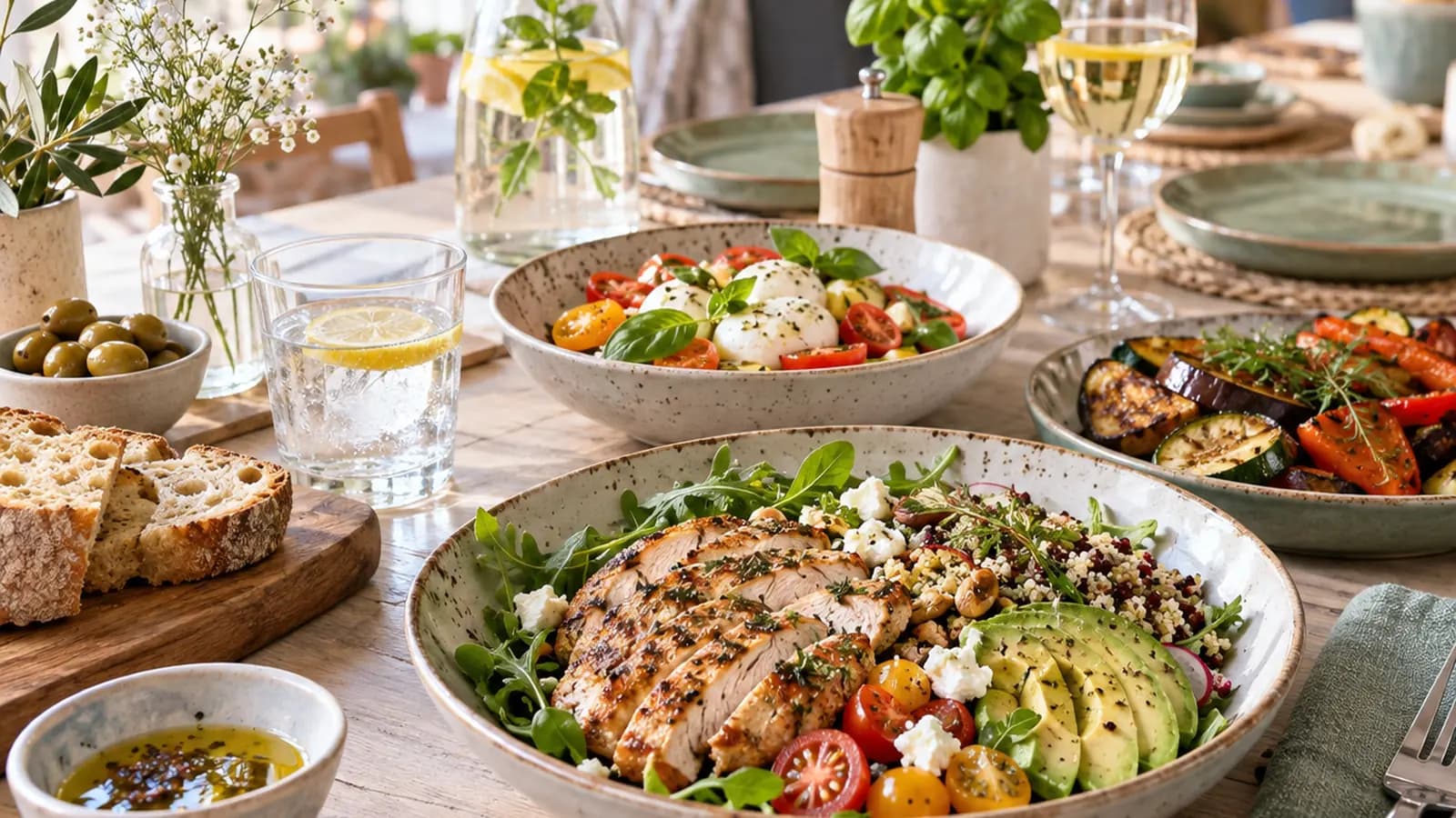 Table de cuisine éclairée par la lumière naturelle avec un bol de légumes, des lentilles, du pain complet et des fruits, sans texte ni logo