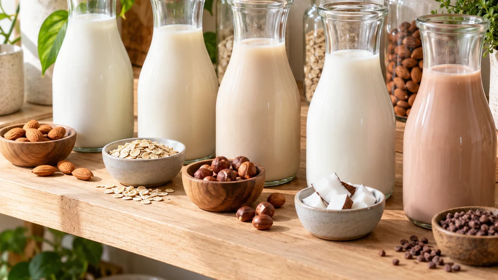 Verre de lait de vache et verres de boissons au soja, amande, avoine et riz près d’un bol de céréales, lumière naturelle, sans texte ni logo