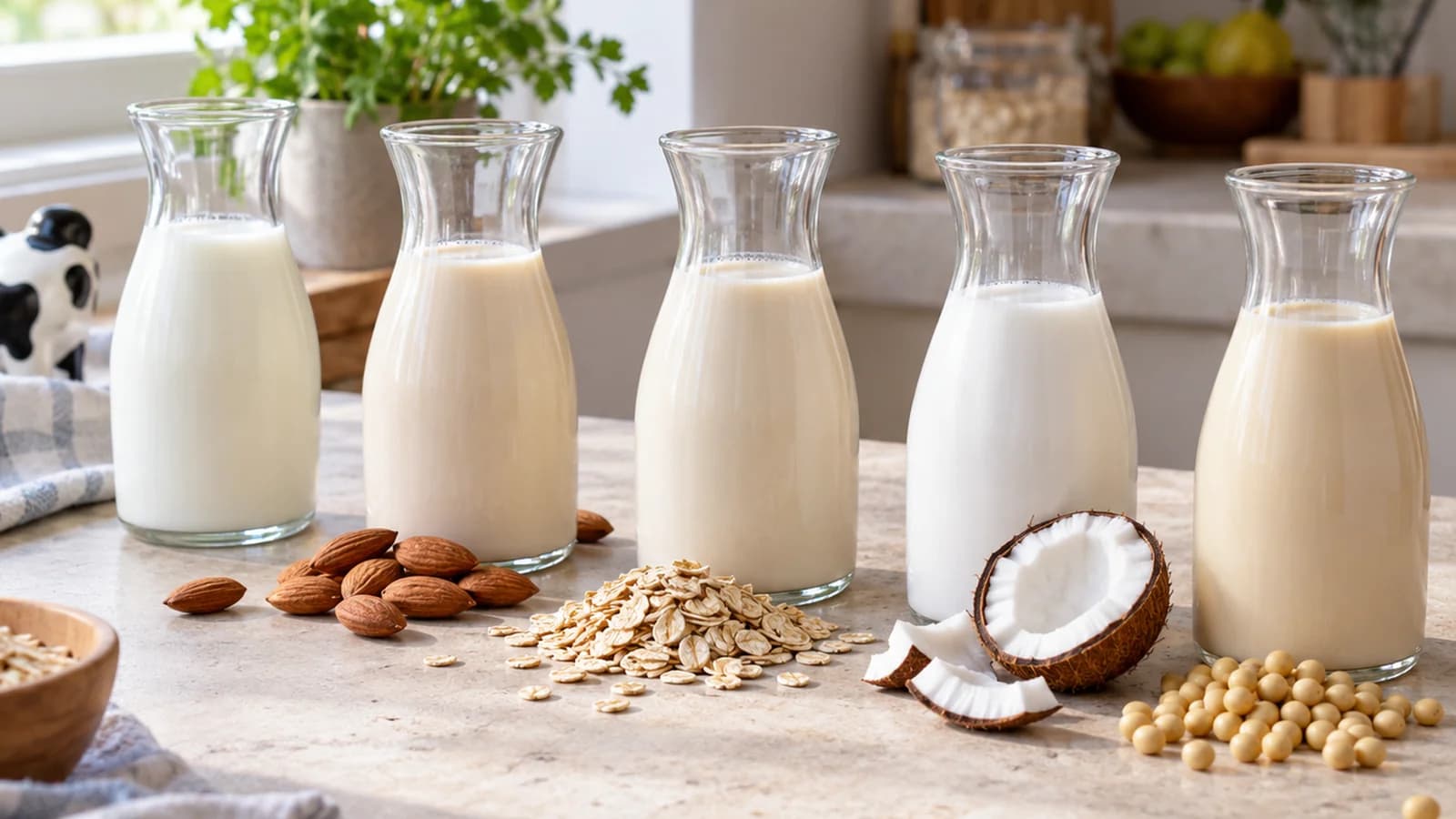 Verre de lait de vache et tasses de boissons au soja, à l’amande et à l’avoine posés près de céréales, lumière naturelle, sans texte ni logo