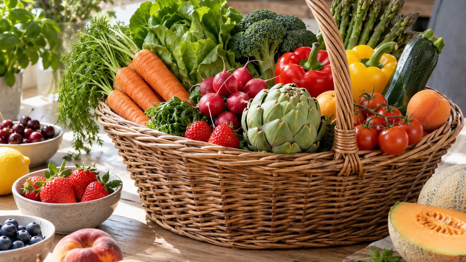 Panier de fruits et légumes de saison posé sur une table en bois, lumière naturelle, sans texte ni logo