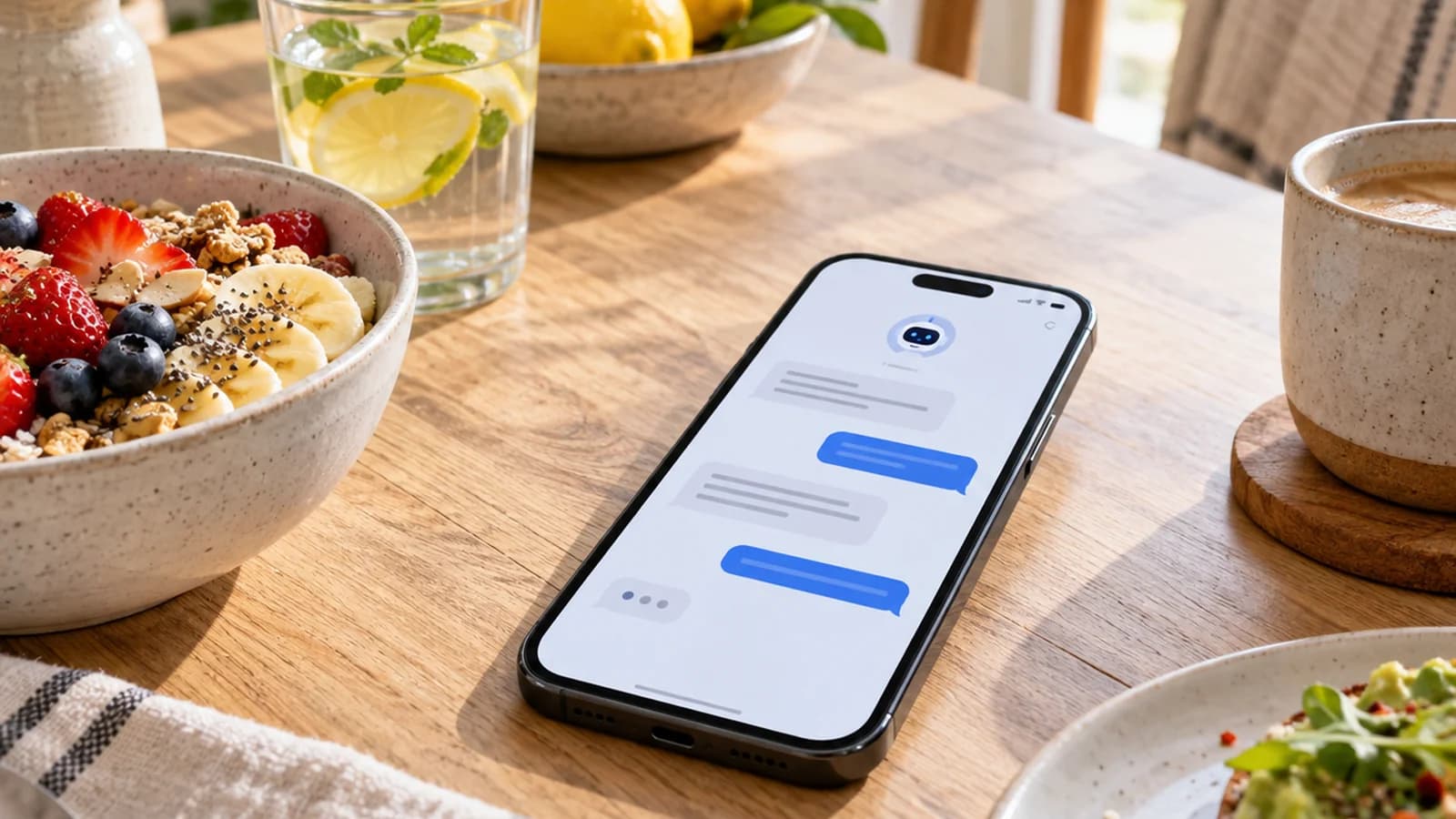 Table de cuisine éclairée par la lumière naturelle avec un bol de légumes, une assiette équilibrée et un carnet sans texte ni logo