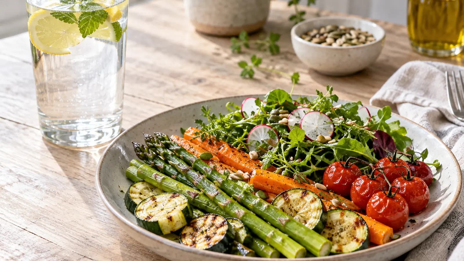 Bol de riz, lentilles et légumes rôtis avec sauce au yaourt, en lumière naturelle, sans texte ni logo