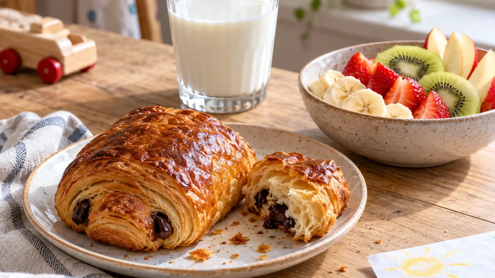 Goûter d’enfant sur une table en bois avec tranches de pain, quartiers de pomme, yaourt et quelques carrés de chocolat, lumière naturelle, sans texte ni logo