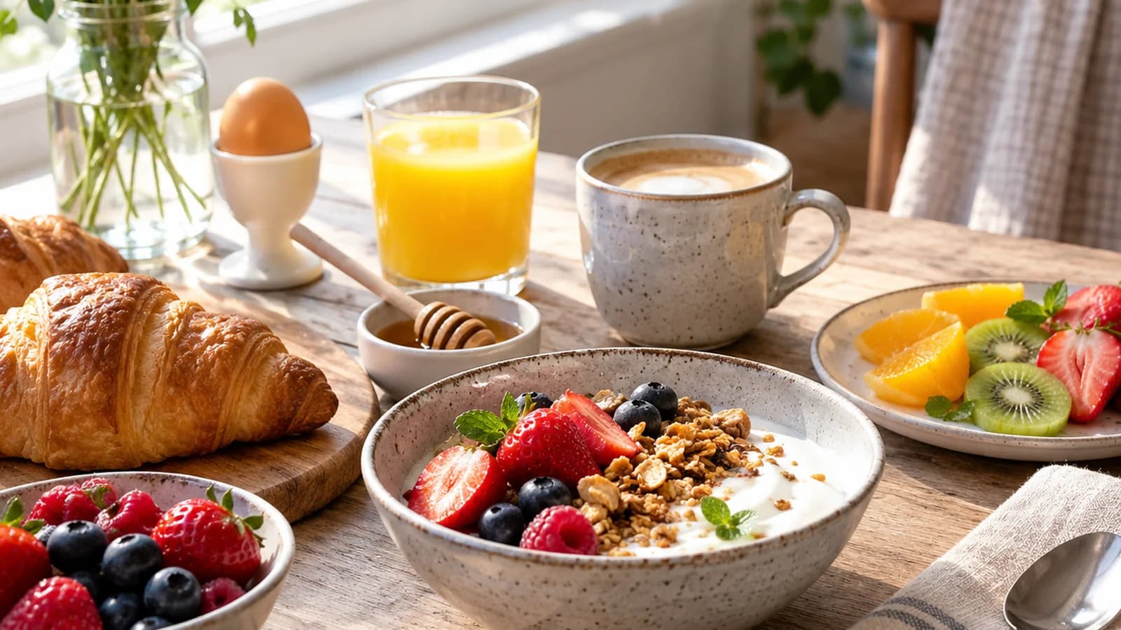 Pain complet, yaourt nature et fruits sur une table de petit-déjeuner en lumière naturelle, sans texte ni logo