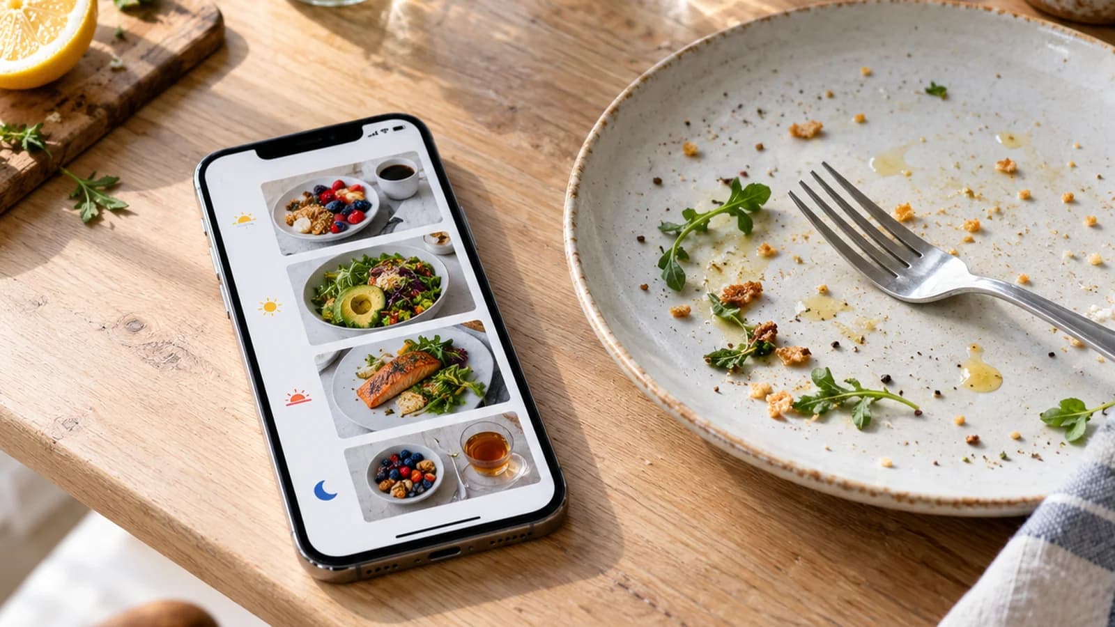 Carnet ouvert à côté d’un repas équilibré avec légumes, féculents et source de protéines, lumière naturelle, sans texte ni logo