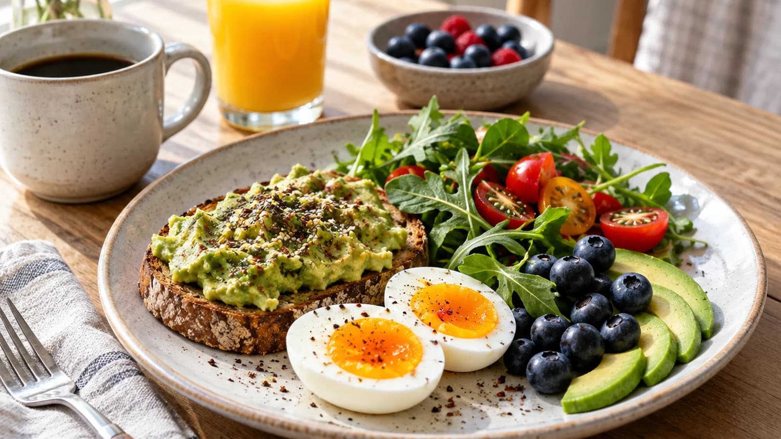 Assiette équilibrée avec légumes colorés, féculent et source de protéines sur une table éclairée par la lumière naturelle, sans texte ni logo