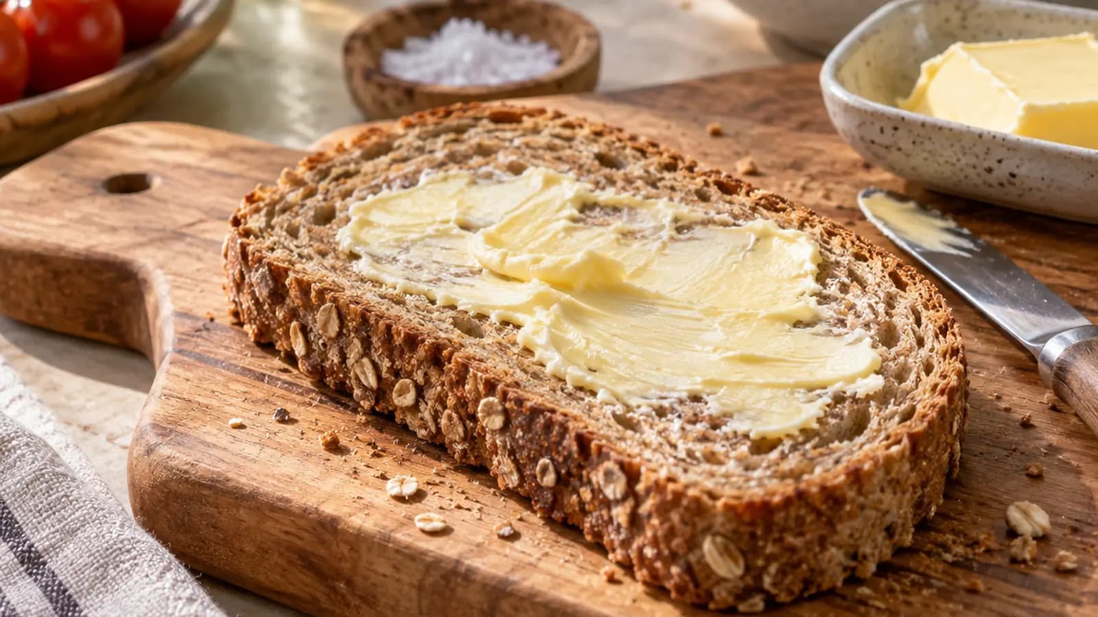 Tartines de pain complet avec fromage frais, œuf et crudités sur une table éclairée par la lumière naturelle, sans texte ni logo