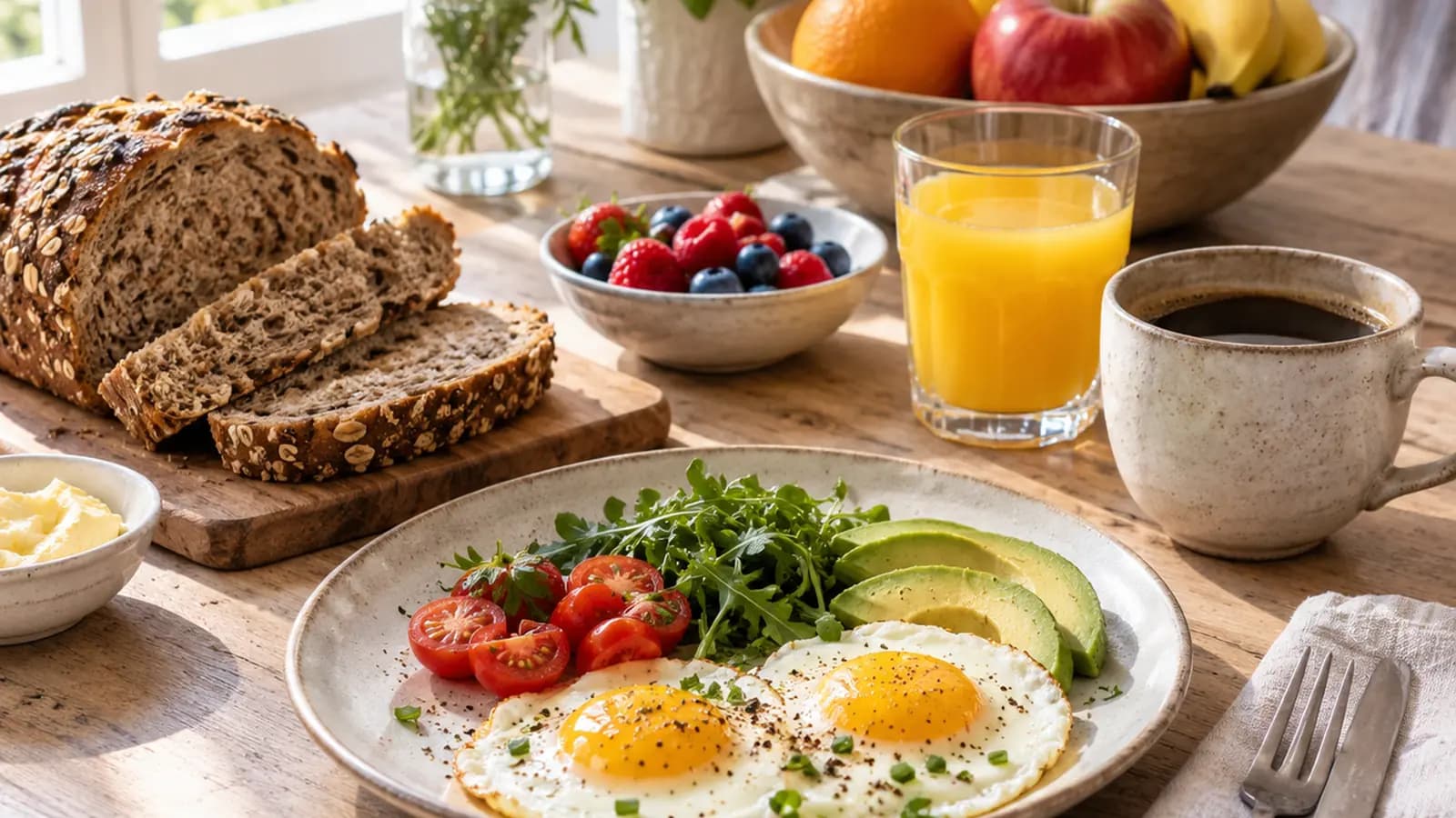 Bol de yaourt avec flocons d'avoine, fruits rouges et noix sur une table de petit déjeuner en lumière naturelle, sans texte ni logo