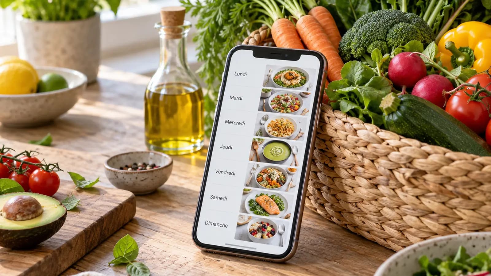 Table de cuisine éclairée par la lumière naturelle avec plusieurs plats colorés, légumes frais et carnet de repas sans texte ni logo