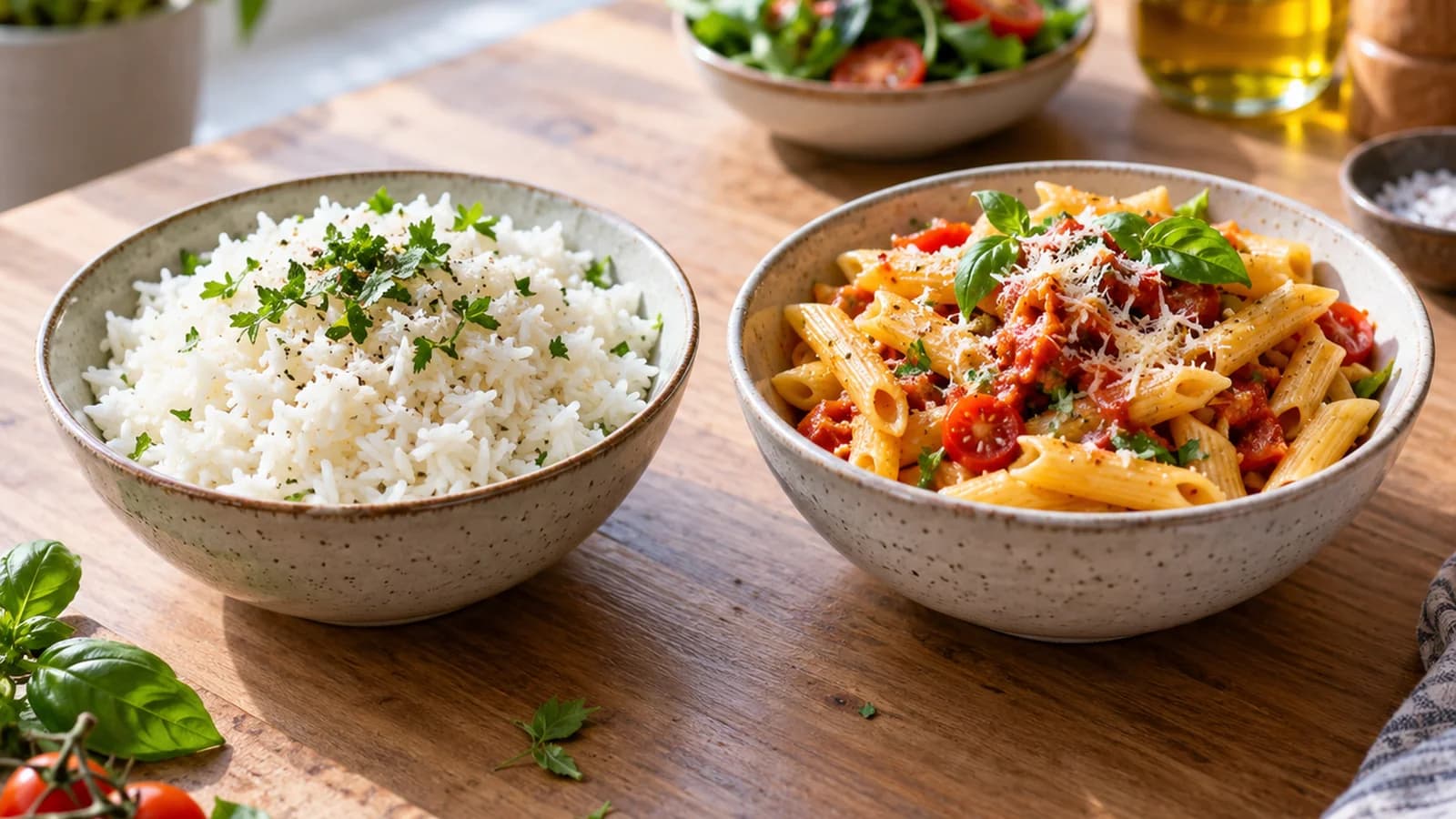 En lumière naturelle, deux assiettes de riz et de pâtes avec légumes, sans texte, logo ni visage.