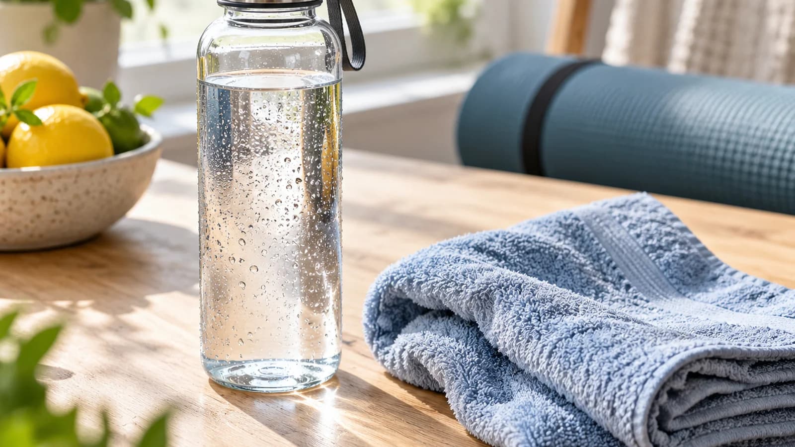 Pain complet, yaourt nature, banane et verre d’eau sur une table en lumière naturelle, sans texte ni logo